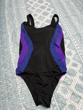 Lands' End Black One-Piece Swimsuit with Purple & Blue Stripes